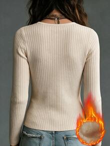 SHEIN Autumn Winter Slim Fit Simple Loungewear V Neck Integrated Fleece Women Casual Base Layer Knit Sweat - Apricot - View 4