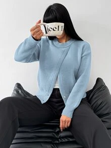 valorelle valorelle 灰色開衩袖圓領不對稱下擺優雅設計時尚休閒百搭極簡女款針織衫 - 藍色 - 查看 3