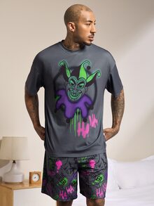 JOKER X SHEIN Men's Cartoon Print Short Sleeve Top & Shorts Loungewear Set - Dark Grey - View 4