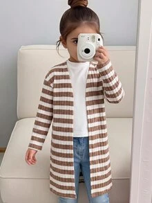 SHEIN 女童條紋休閒百搭日常穿搭開襟衫 - 黑色 - 查看 2