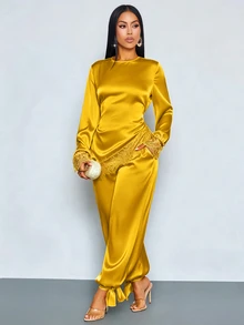 SOLERSUN Early Autumn Women's Casual Elegant Daily Wear Cocktail Dinner Glossy Fabric Flared Sleeve Tie-Waist Lace Pants Set (Random Lace) Mustard Yellow - Mustard Yellow - View 5
