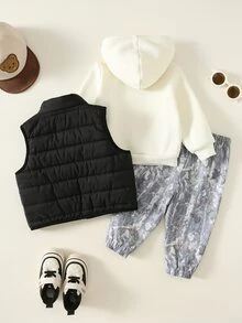 SHEIN 男嬰秋冬街頭風百搭抓絨背心、運動衫與長褲三件套 - 彩色 - 查看 2