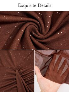 SOLERSUN Women Coffee Brown Glitter Ruched Bodycon Midi Dress Spaghetti Strap Cowl Neck Tie Front Sheer Mesh Ruffle Hem Cocktail Summer Sexy Elegant - Coffee - View 10