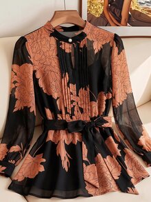 SHEIN Clasi 大尺碼花卉印花百褶長袖百搭女式襯衫 - 橘色 - 查看 1
