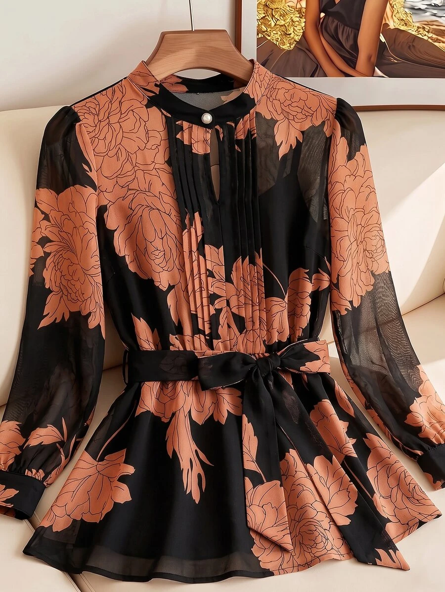 SHEIN Clasi 大尺碼花卉印花百褶長袖百搭女式襯衫 - 橘色 - 查看 1