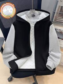 SHEIN 兒童青少年男孩開學休閒連帽撞色保暖內裡加厚梭織黑色秋冬外套，適合學校、花園、生日 - 黑色 - 查看 1
