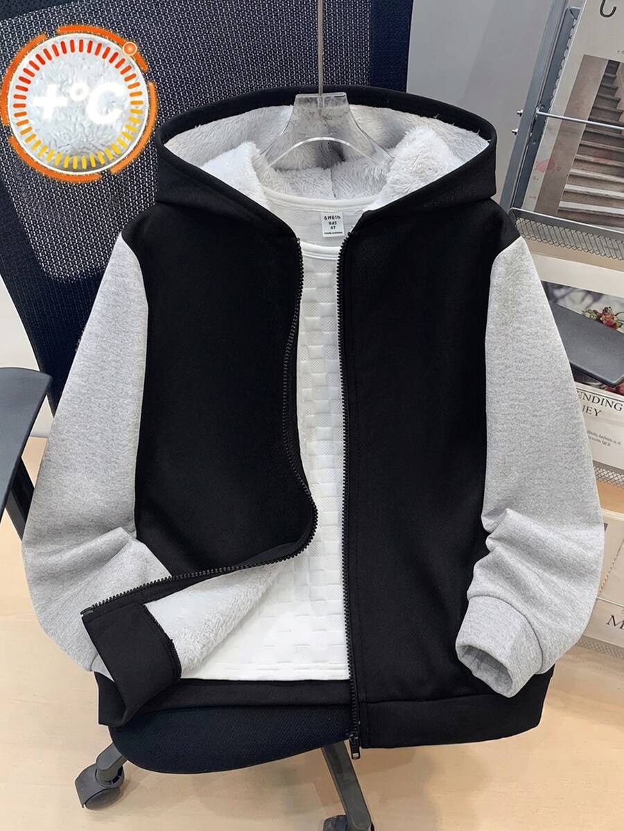 SHEIN 兒童青少年男孩開學休閒連帽撞色保暖內裡加厚梭織黑色秋冬外套,適合學校、花園、生日 - 黑色 - 查看 1