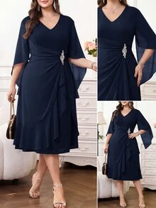SHEIN Clasi Plus Size Elegant Commuter Rhinestone Decorated Ruffle Hem Dress - Navy Blue - View 2
