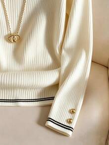 SHEIN Franclia French Style Semi-High Neck Ribbed Knit Base Layer Top For Women, Contrast Color Ribbed Cuffs With Gold Buttons, Slim Fit Commuter Elegant Long Sleeve Innerwear - Apricot - View 4