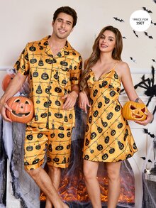CoupledUp Cartoon Halloween Element Print Faux Silk Men's Pajama Set - Orange - View 1