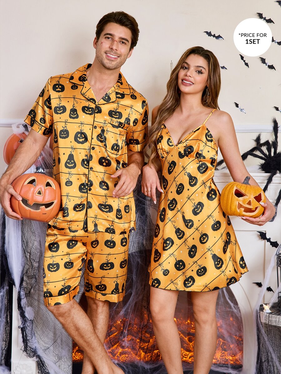 CoupledUp Cartoon Halloween Element Print Faux Silk Men's Pajama Set - Orange - View 1