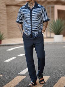 Manfinity Homme 男士菱格紋印花單排扣襯衫與口袋長褲套裝 - 藏蓝色 - 查看 5