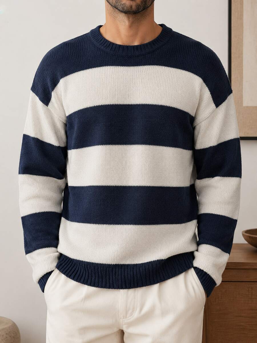 Manfinity Homme Men's Colorblock Casual Versatile Daily Wear Long Sleeve Sweater - Blue and White - View 1
