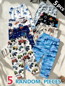 SHEIN Playful Pals 5件隨機款 新可愛男嬰套裝 舒適極簡軟綿休閒款 汽車印花海洋動物圖案男童長褲 日常穿著 適合男孩喜愛的圖案禮物 - 彩色 - 查看 1
