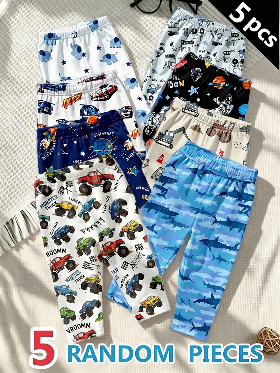 SHEIN Playful Pals 5件隨機款 新可愛男嬰套裝 舒適極簡軟綿休閒款 汽車印花海洋動物圖案男童長褲 日常穿著 適合男孩喜愛的圖案禮物 - 彩色 - 查看 1