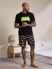 BATMAN X SHEIN Men's Short Sleeve T-Shirt And Shorts Loungewear Set - Black - View 5