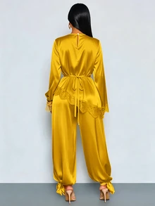 SOLERSUN Early Autumn Women's Casual Elegant Daily Wear Cocktail Dinner Glossy Fabric Flared Sleeve Tie-Waist Lace Pants Set (Random Lace) Mustard Yellow - Mustard Yellow - View 2