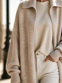 Balvessa Polo Collar Drop Shoulder Loose Ribbed Cuffs Lantern Long Sleeve Mid-Length Asymmetrical Curved Hem Casual Women's Cardigan - Khaki - View 3