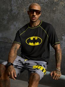 BATMAN X SHEIN Men's Summer Casual T-Shirt & Bat Print Shorts Set - Black - View 1