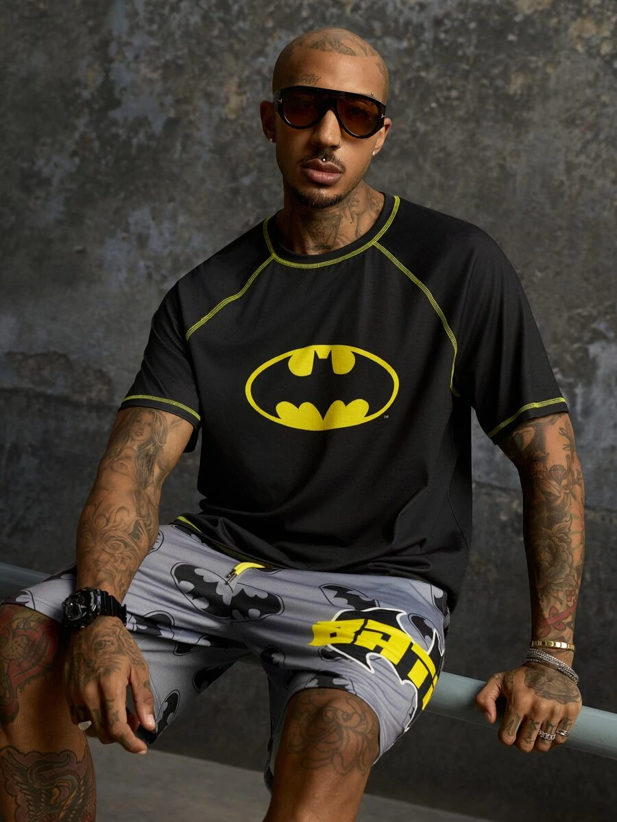 BATMAN X SHEIN Men's Summer Casual T-Shirt & Bat Print Shorts Set - Black - View 1