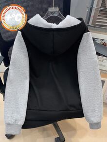 SHEIN 兒童青少年男孩開學休閒連帽撞色保暖內裡加厚梭織黑色秋冬外套，適合學校、花園、生日 - 黑色 - 查看 2