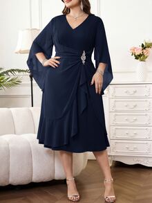 SHEIN Clasi Plus Size Elegant Commuter Rhinestone Decorated Ruffle Hem Dress - Navy Blue - View 6