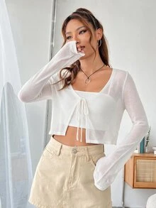 SHEIN EZwear 女款極簡百搭前綁帶長袖針織開襟衫 - 白色 - 查看 7