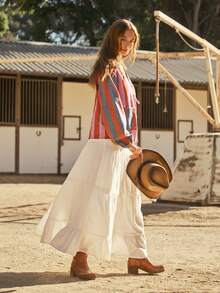 WESTFADE Lace Up Front Long Sleeve Striped Denim Top - Multicolor - View 5