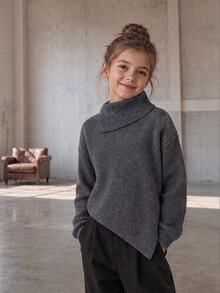 Autumn/Winter Girls' Design Pullover Sweater, Loose Fit Lapel 2 In 1 Asymmetrical Hem Grey Knit Top - Grey - View 1