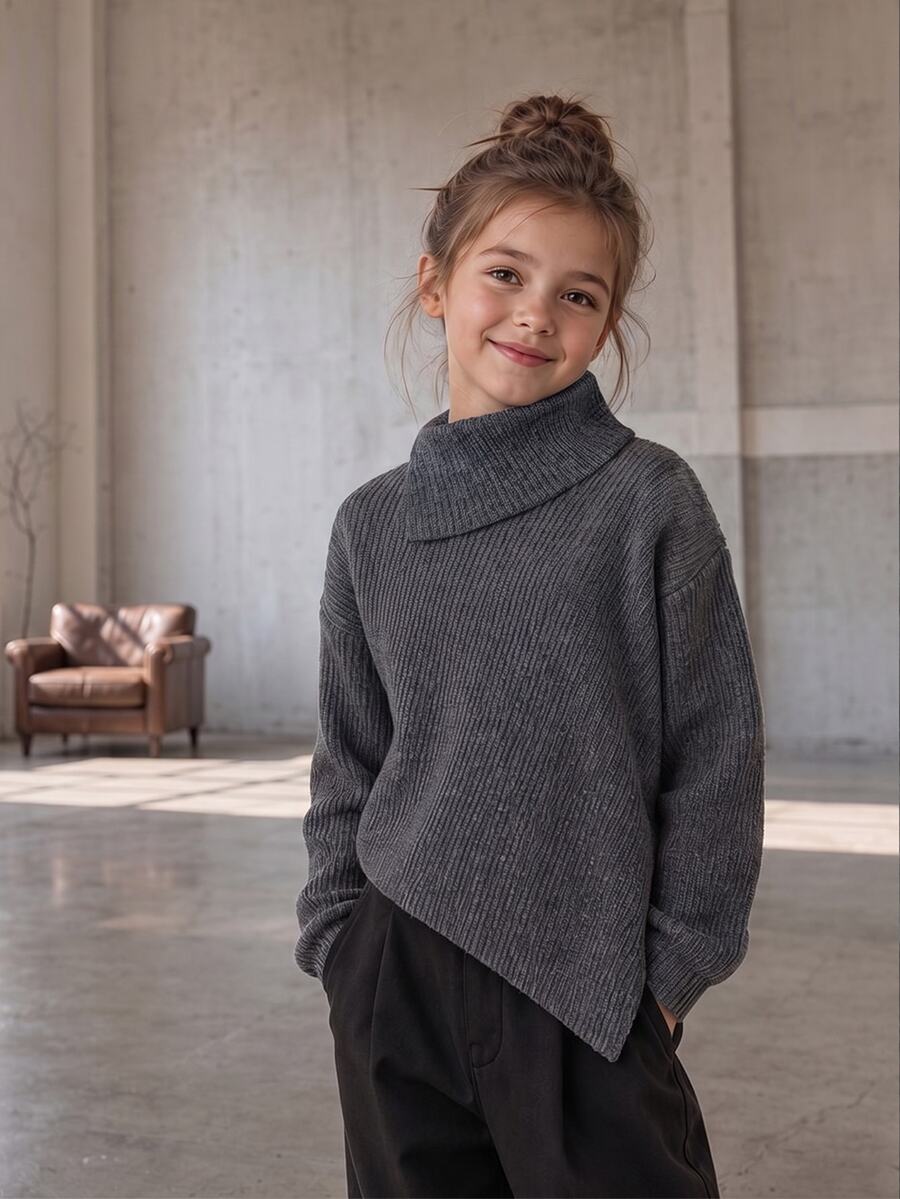 Autumn/Winter Girls' Design Pullover Sweater, Loose Fit Lapel 2 In 1 Asymmetrical Hem Grey Knit Top - Grey - View 1