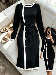 GlowEve Gaun Wanita Klasik Hitam & Putih Colorblock Leher Bulat Panjang Sedang Desain Kancing Cantik dengan Sabuk Bodycon Lengan Panjang Slimfit, Musim Gugur/Dingin - Hitam - View 1