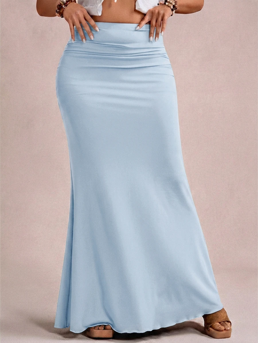 Freevana Rok Rajut Maxi A-Line Pas Badan Ukuran Besar untuk Musim Gugur/Dingin, Elegan, Romantis, Vintage, dan Pesta - Baby Blue - View 1