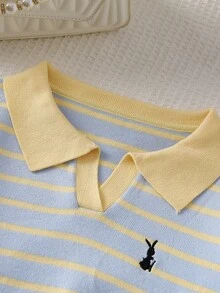 SHEIN Girls Blue Yellow Striped Rabbit Embroidery Knit Sweater & Skirt Two Piece Set, V-Neck Fall Outfit, Elegant Halloween Daily Christmas Winter Wear - Yellow - View 4