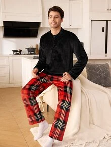 CoupledUp Men's Round Neck Button-Front Plush Long Sleeve & Long Pants Loungewear Set - Multicolor - View 5