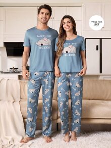 CoupledUp Men's Knit Crew Neck Short Sleeve Long Pants Star & Moon Print Pajama 2 Pieces Set - Multicolor - View 6