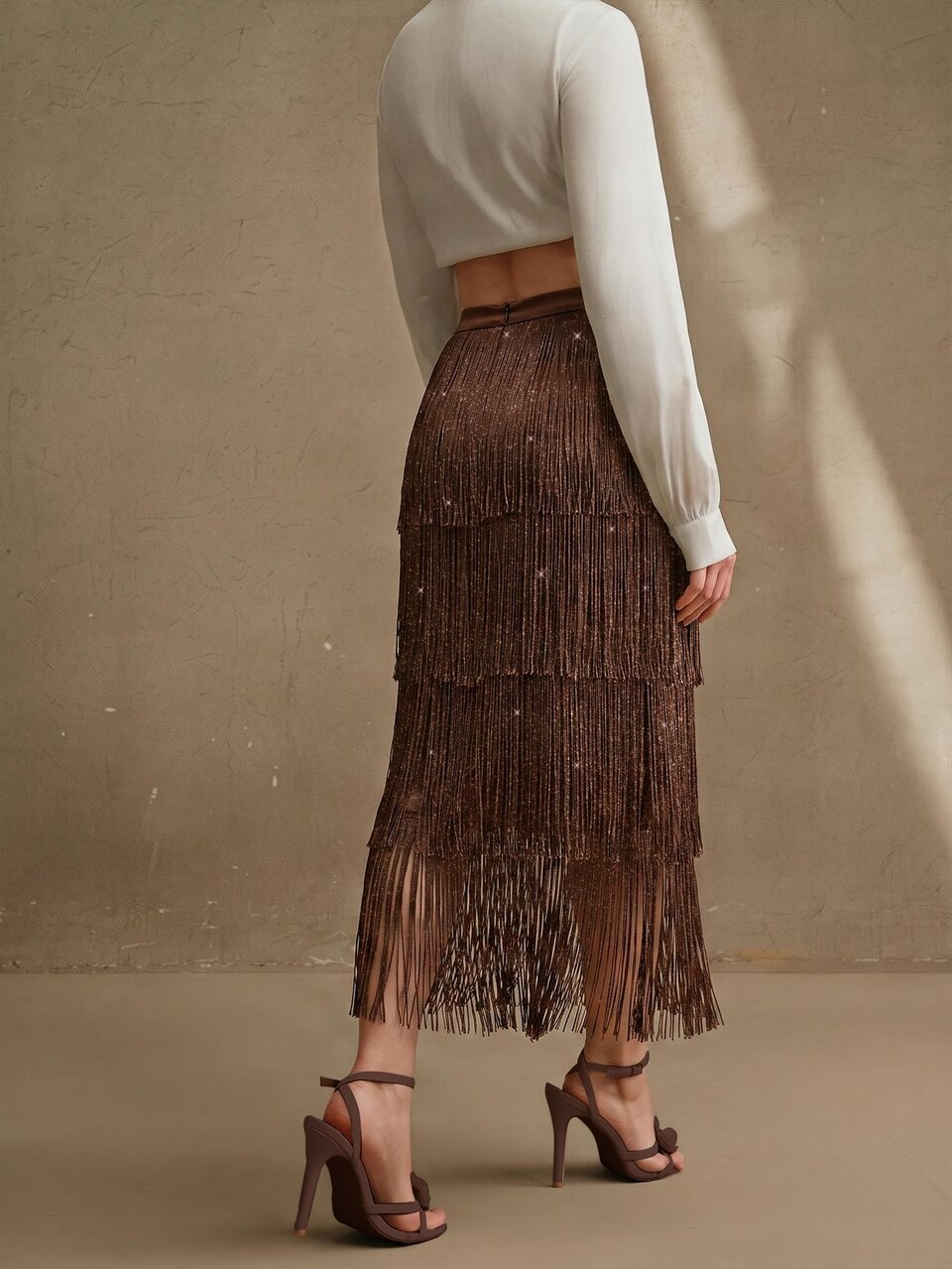 Women's New Spring/Summer Beige Layered Tassel Elegant Midi Skirt, Flattering, Elegant, Formal, Party, Chic, Work, Graduation, Wedding