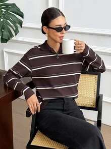SHEIN Frenchy Women's Fall Brown And White Striped Oversized Sweatshirt  Back ToSchool Korean Style Versatile Y2k Casual,Street Style,Sporty Winter Daily Commuting - Multicolor - View 4
