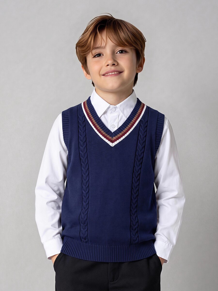 SHEIN 1pc Kids Tween Boy Casual Daily Versatile Comfortable -Neck Pullover Colorblock Striped Collar Solid Knit Autumn Sweater Suitable For Winter School