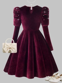 Tween Girl New Burgundy Velvet Round Neck Puff Long Sleeve A-Line Princess Birthday Dress With Pearl Flower And Beaded Embellishments Pearl Round Neck - Burgundy - View 2
