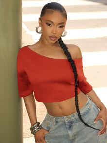 Denimoi Off Shoulder Raw Edge Crop Top Fashionable Streetwear Lounge Wear Everyday Wear - Rust Brown - View 4
