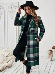 SHEIN 女款長袖缺口領格紋大衣附腰帶 - 綠色 - 查看 5