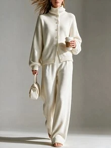 SHEIN Minimalist Premium Pure White Knit Sweater Set Women Autumn/Winter High Neck Loose Slouchy Long Pants 2 Pieces Set - Beige - View 4