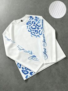 ROMWE MEN Kaos Pria Lengan Panjang Longgar Bahan Waffle dengan Huruf Bunga dan Motif Leopard - Putih - View 1