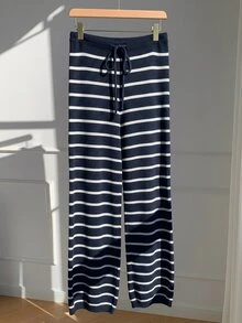 Comfortcana Plus Size Casual Colorblock Striped Knit Long Pants, Autumn/Winter Fall - Navy Blue - View 3