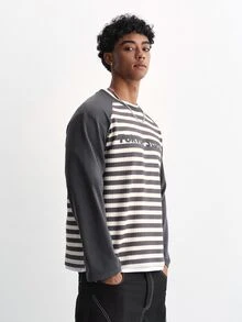 TOKVUE Men's Young American Style Striped Minimalist Letter Print Loose Casual Daily Commute Date Holiday Colorblock Patchwork Long Sleeve T-Shirt Top - Grey - View 3
