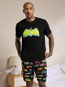 BATMAN X SHEIN Men's Short Sleeve T-Shirt And Shorts Loungewear Set - Black - View 6