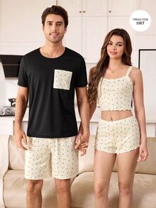CoupledUp Men's Heart Print Front Pocket Crew Neck Casual Pajama Set, 2 Pieces - Black - View 6
