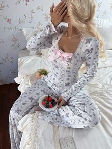 CottageSlumber Sweet Lace Trim Square Neck Bow Ditsy Floral One-Piece Pajamas Women's Loungewear - White - View 7