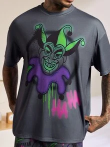 JOKER X SHEIN Men's Cartoon Print Short Sleeve Top & Shorts Loungewear Set - Dark Grey - View 7
