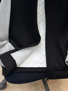 SHEIN 兒童青少年男孩開學休閒連帽撞色保暖內裡加厚梭織黑色秋冬外套，適合學校、花園、生日 - 黑色 - 查看 3